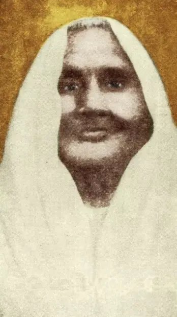 A colourised version of the archival portrait of Matangini Hazra, showing her in a white sari against a golden background.