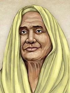 An illustrated portrait of Matangini Hazra as an elderly woman with a pale green sari drawn over her head.