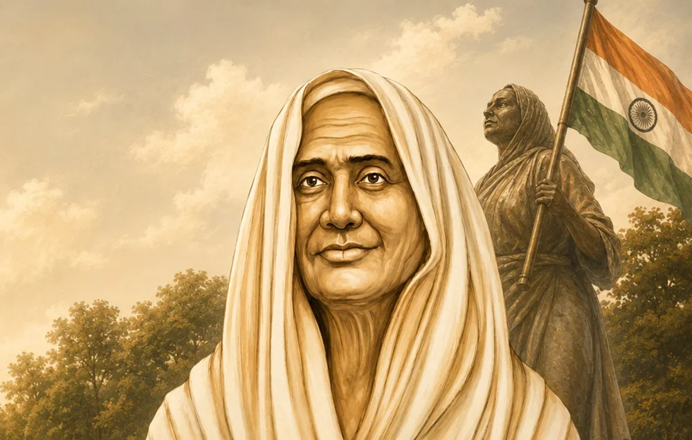 Illustrated portrait of Matangini Hazra with a memorial statue of her holding the Indian national flag behind her.