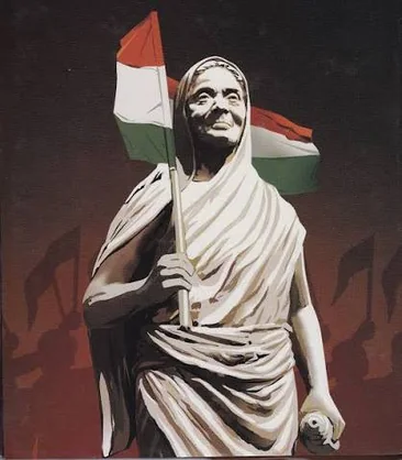 Painted image of the memorial statue of Matangini Hazra holding the Indian tricolour.