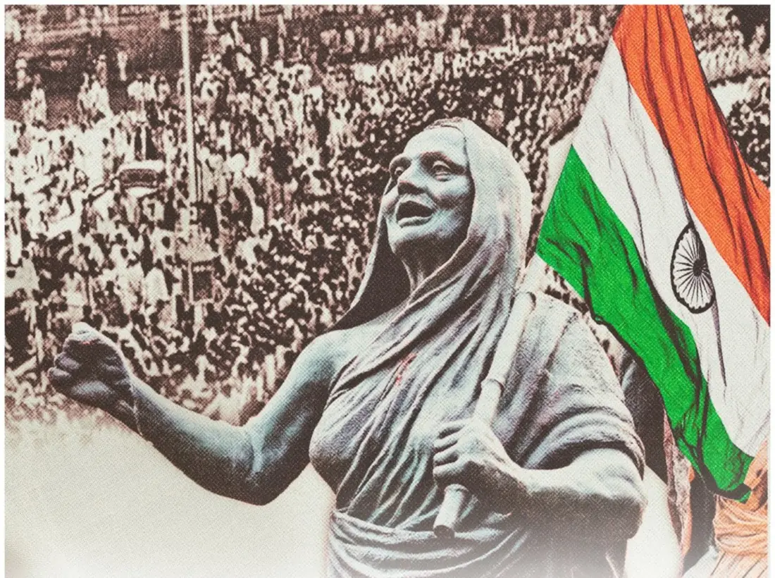 A memorial statue of Matangini Hazra with the Indian national flag, set against an archival photograph of a very large crowd of people.